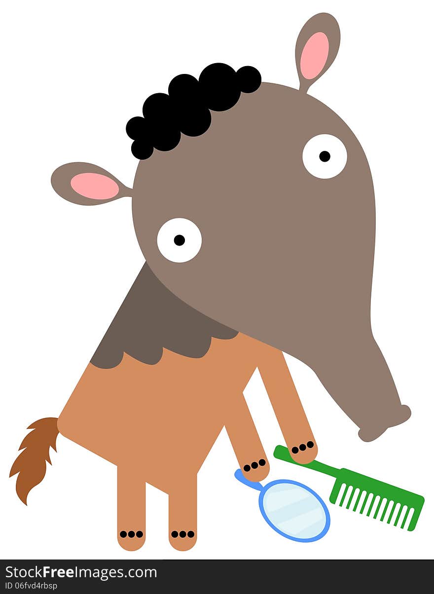 A cartoon anteater holding a mirror and a comb. A cartoon anteater holding a mirror and a comb