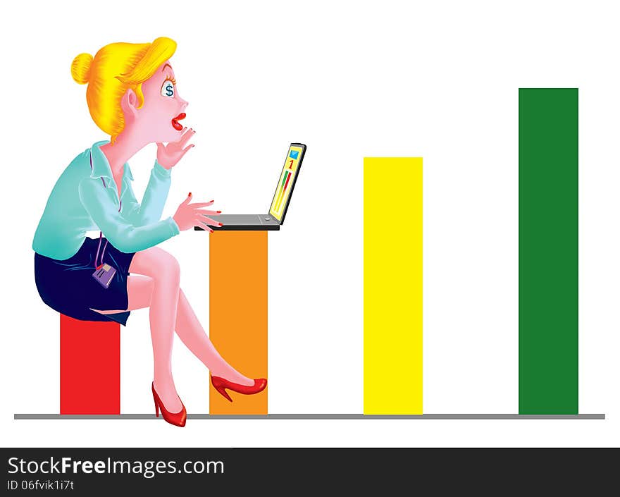 Women sit on the chart and look at the notebook. Women sit on the chart and look at the notebook.