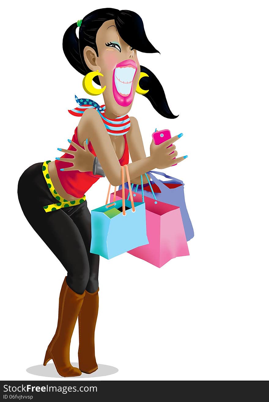 Woman holding shopping bags with her ??mobile smiling happy. Woman holding shopping bags with her ??mobile smiling happy.