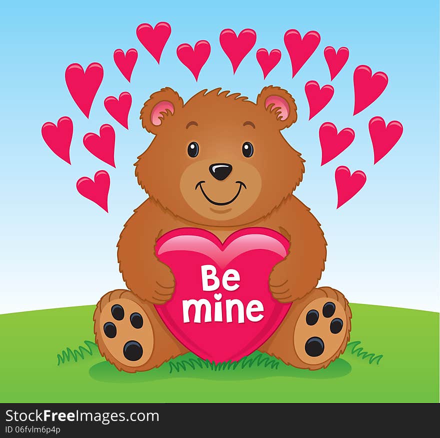 Cartoon illustration of a cute brown bear, holding a red heart with the words Be mine on it, while he is sitting on the grass and with red hearts around him in the sky. Cartoon illustration of a cute brown bear, holding a red heart with the words Be mine on it, while he is sitting on the grass and with red hearts around him in the sky.