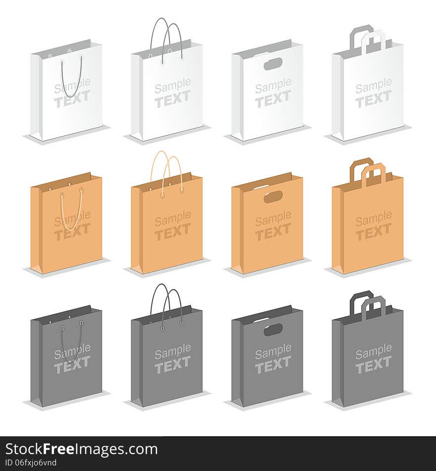 Paper Shopping Bags collection on white background.