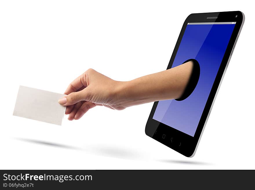 Woman Hand Give a Blank Card over Smartphone