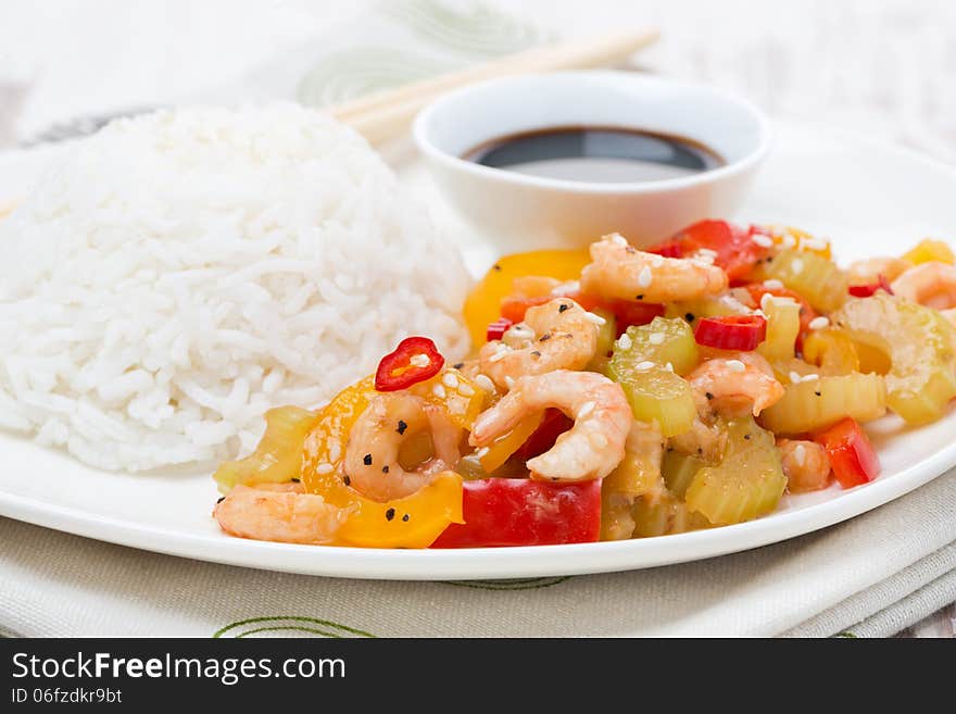 Chinese food, white rice and vegetables with shrimp, close-up