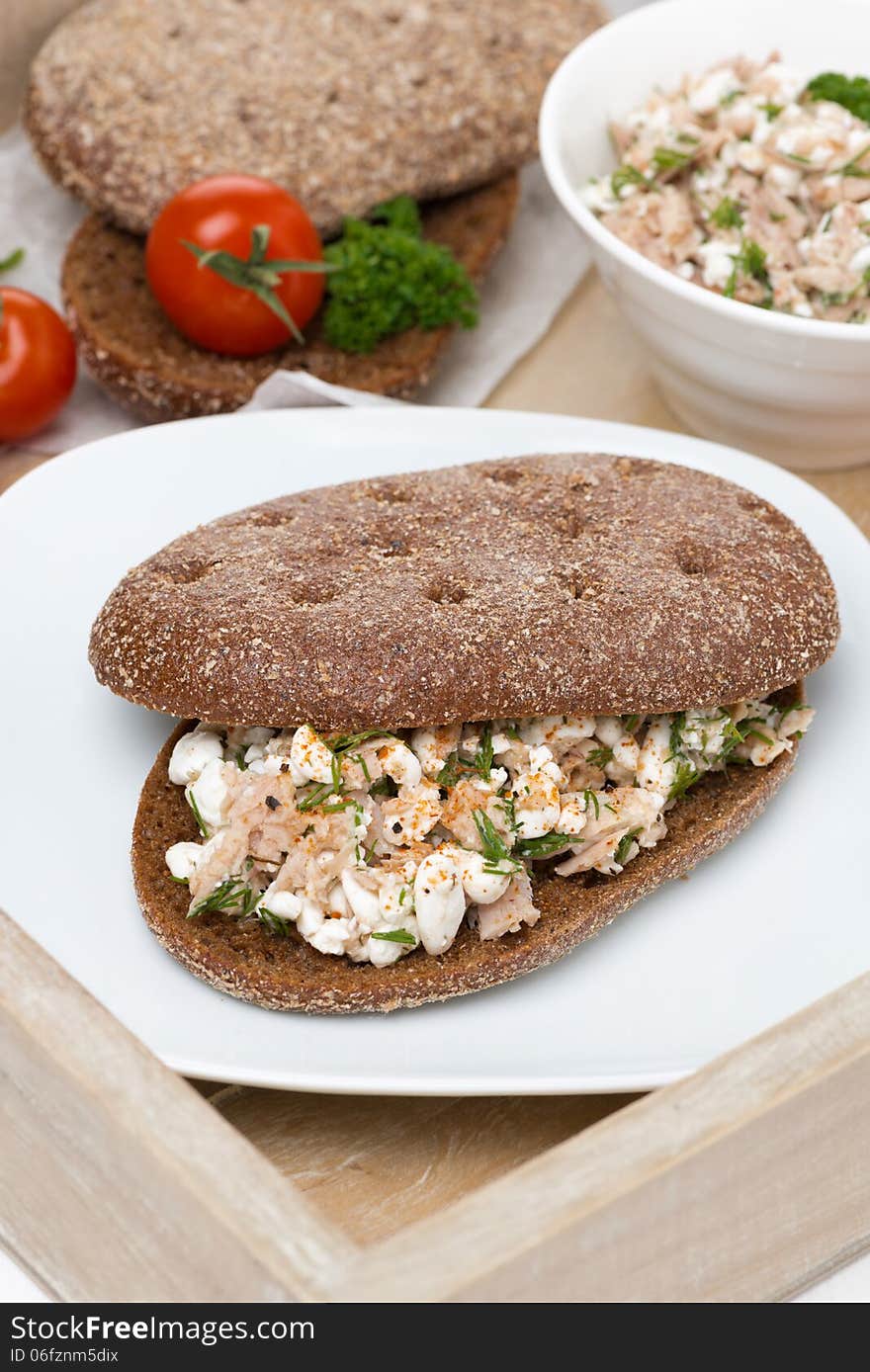 Sandwich of rye bread with tuna and homemade cheese on a tray, vertical, top view