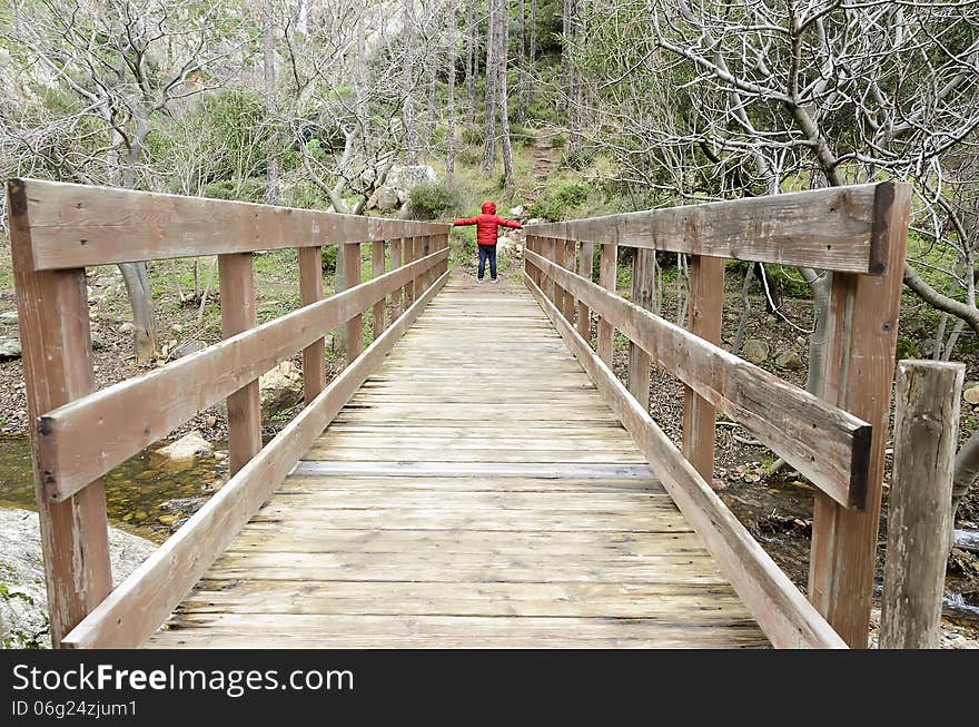 A child crossing a wooden bridge in the woods in winter. A child crossing a wooden bridge in the woods in winter.