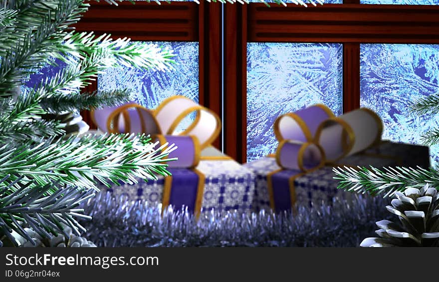 New years gift with open window  sale background