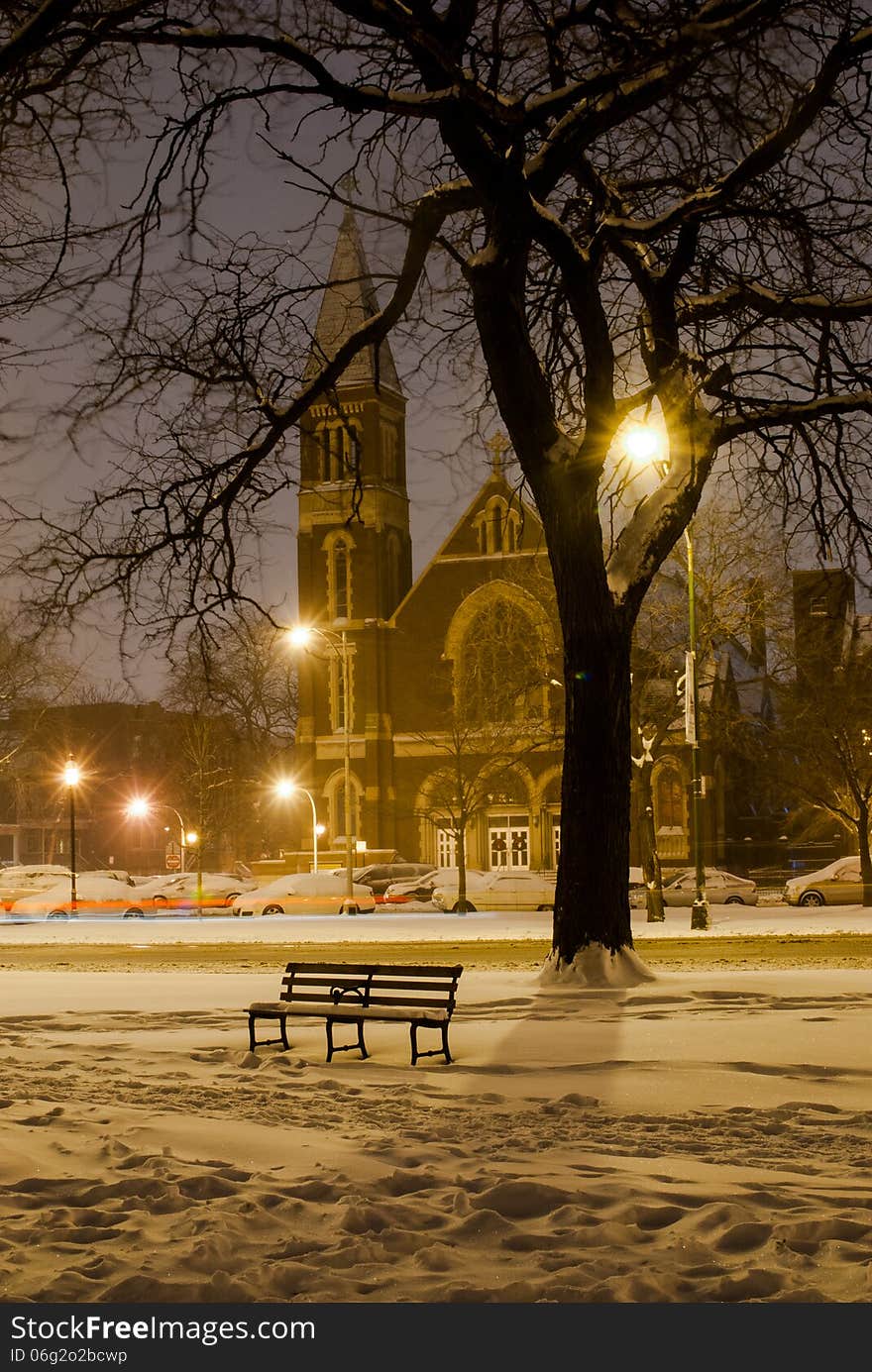 Bench in front of beautiful Chicago neighborhood backdrop. Bench in front of beautiful Chicago neighborhood backdrop