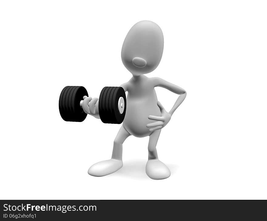 3d model athlete standing and lifts the dumbbell hand, looking into the camera. 3d model athlete standing and lifts the dumbbell hand, looking into the camera