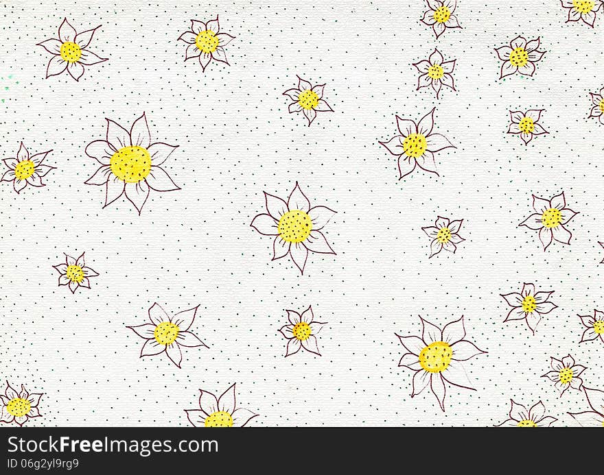 Textured background of flowers with white petals and yellow center, green dots. Textured background of flowers with white petals and yellow center, green dots.