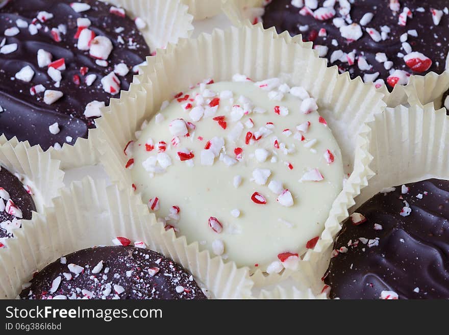 Close-up shot of white and dark chocolate peppermint sprinkled cookies for the holidays. Close-up shot of white and dark chocolate peppermint sprinkled cookies for the holidays.