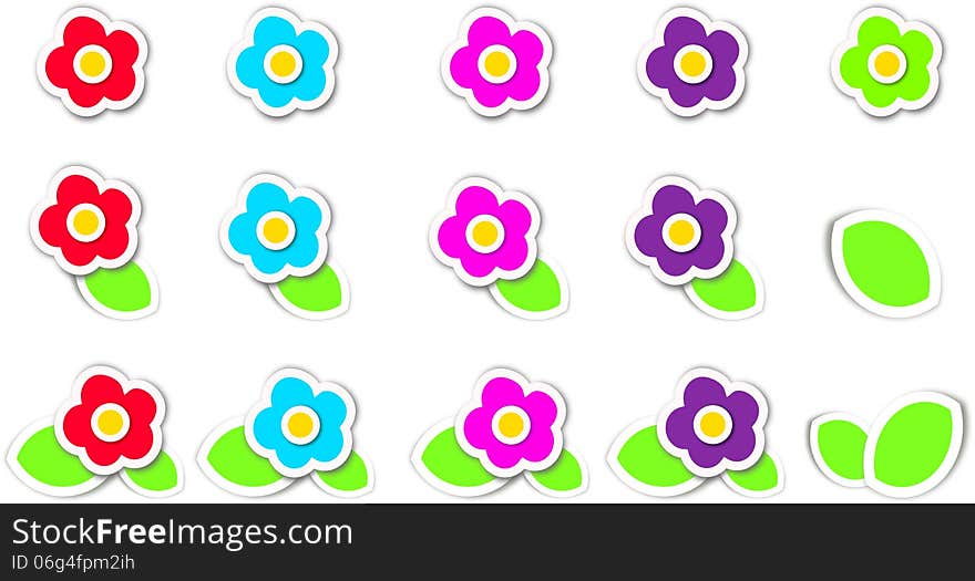 Set of different flowers with leaves in pink, purple, red and blue colour. Set of different flowers with leaves in pink, purple, red and blue colour