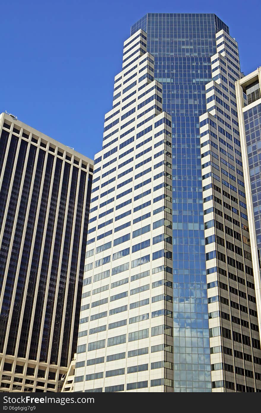 Modern office buildings with sky reflection. Vertically.