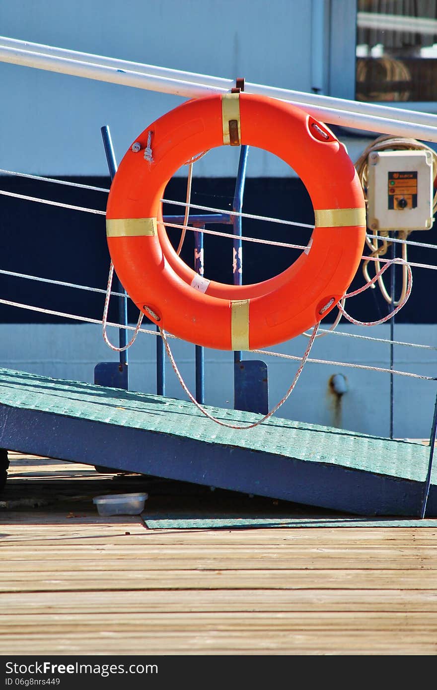 Life belt on boat walk way and deck