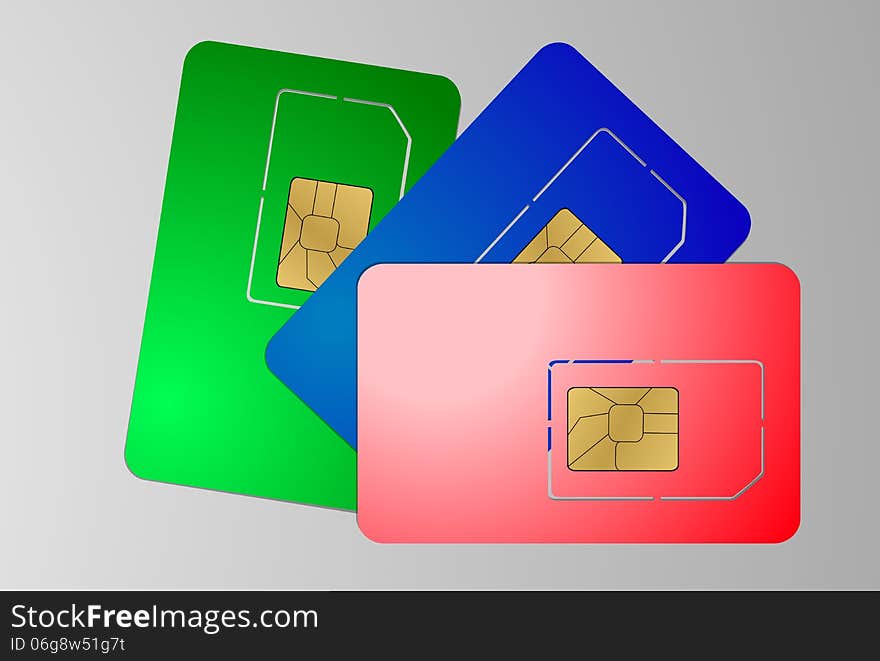 Sim cards on white background, three color. Sim cards on white background, three color