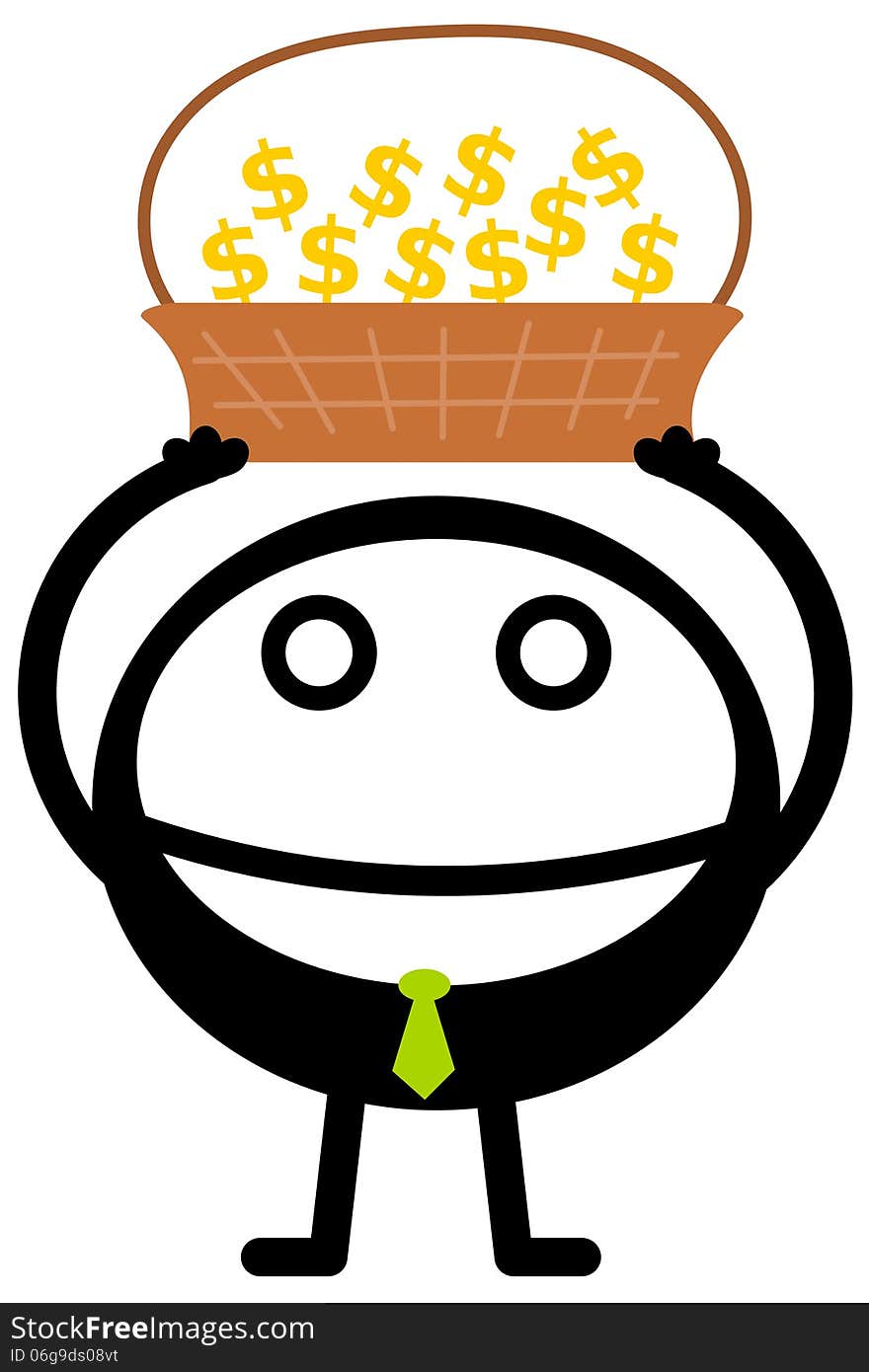 A cartoon business man carrying a basket filled with dollar signs. A cartoon business man carrying a basket filled with dollar signs