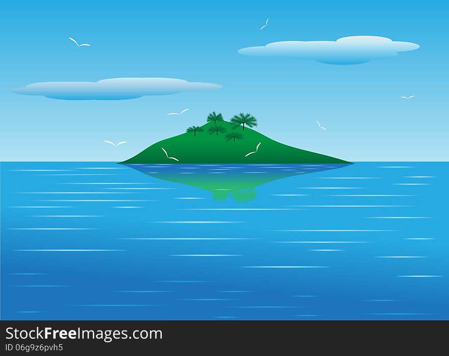 Sea. Tropical landscape with views of the island with palm trees and birds.