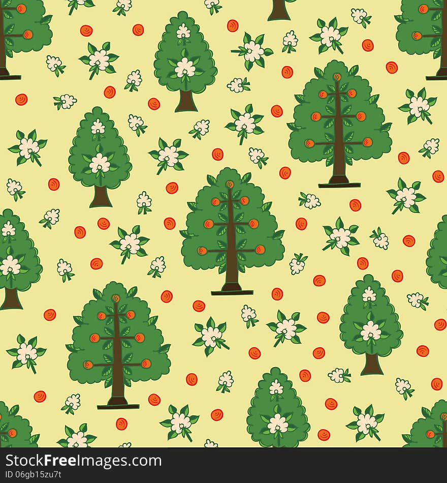 Seamless kids pattern with apple trees