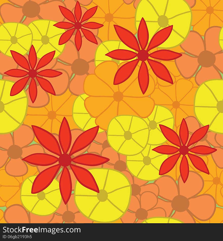 Seamless bright orange and yellow floral pattern. Vector illustration. Seamless bright orange and yellow floral pattern. Vector illustration.