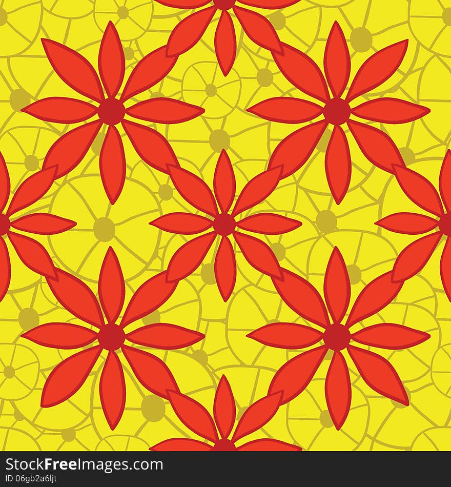 Seamless bright red and yellow floral pattern. Vector illustration. Seamless bright red and yellow floral pattern. Vector illustration.