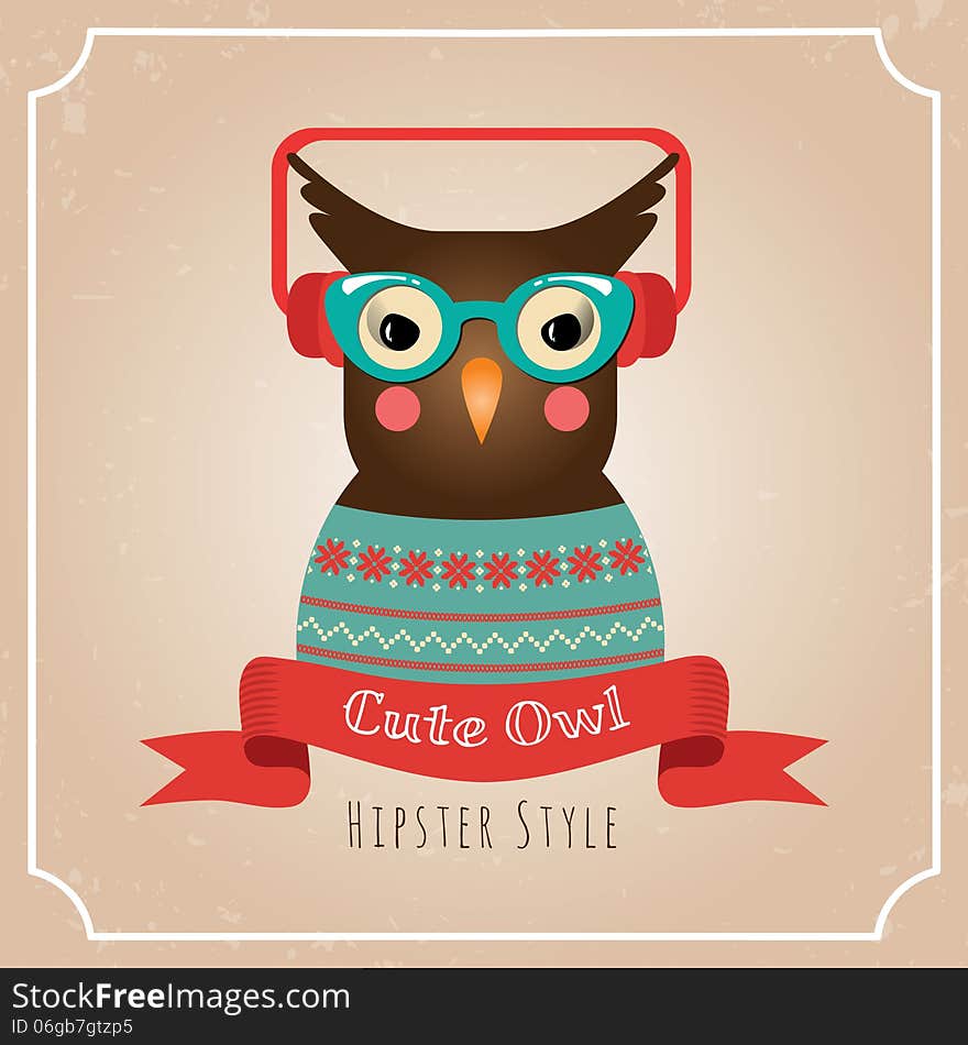 Vector Illustration of Hipster Owl, Greeting Card Design