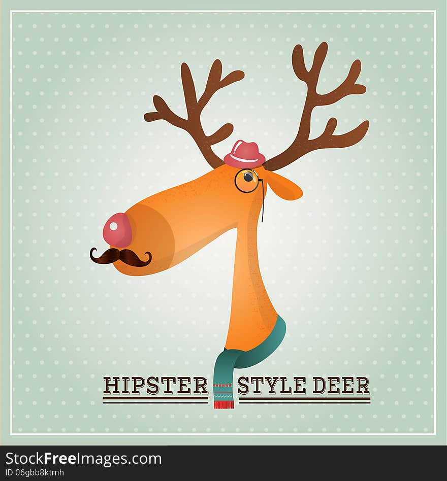 Vector Illustration Hipster Reindeer, Greeting Card Design Template, Background