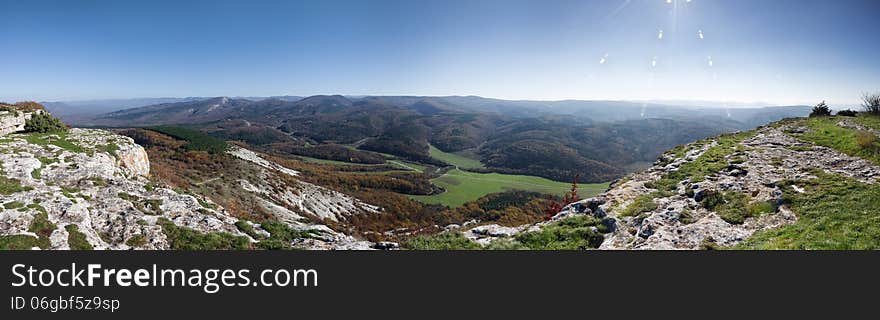 Panorama of a mountain plateau Mangup Kale. Ukraine, the Crimean peninsula