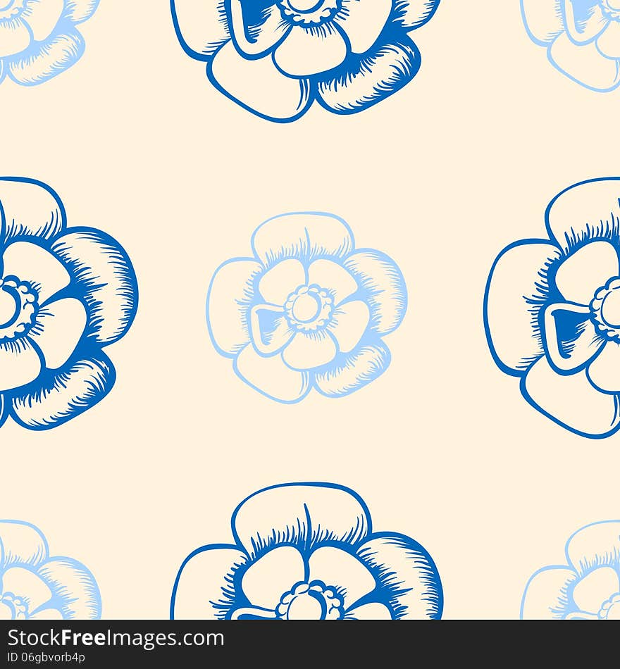 Vintage seamless pattern with blue flowers