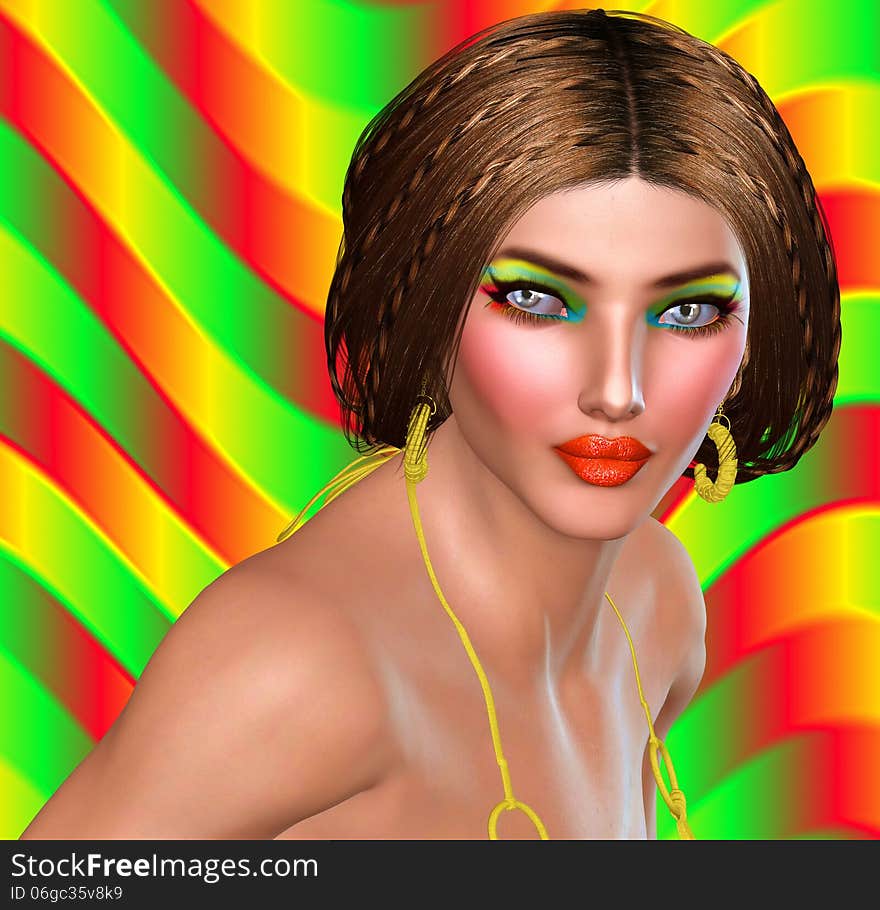 The Face. Colorful eyeshadow on a beautiful woman's face matches a multicolored background.