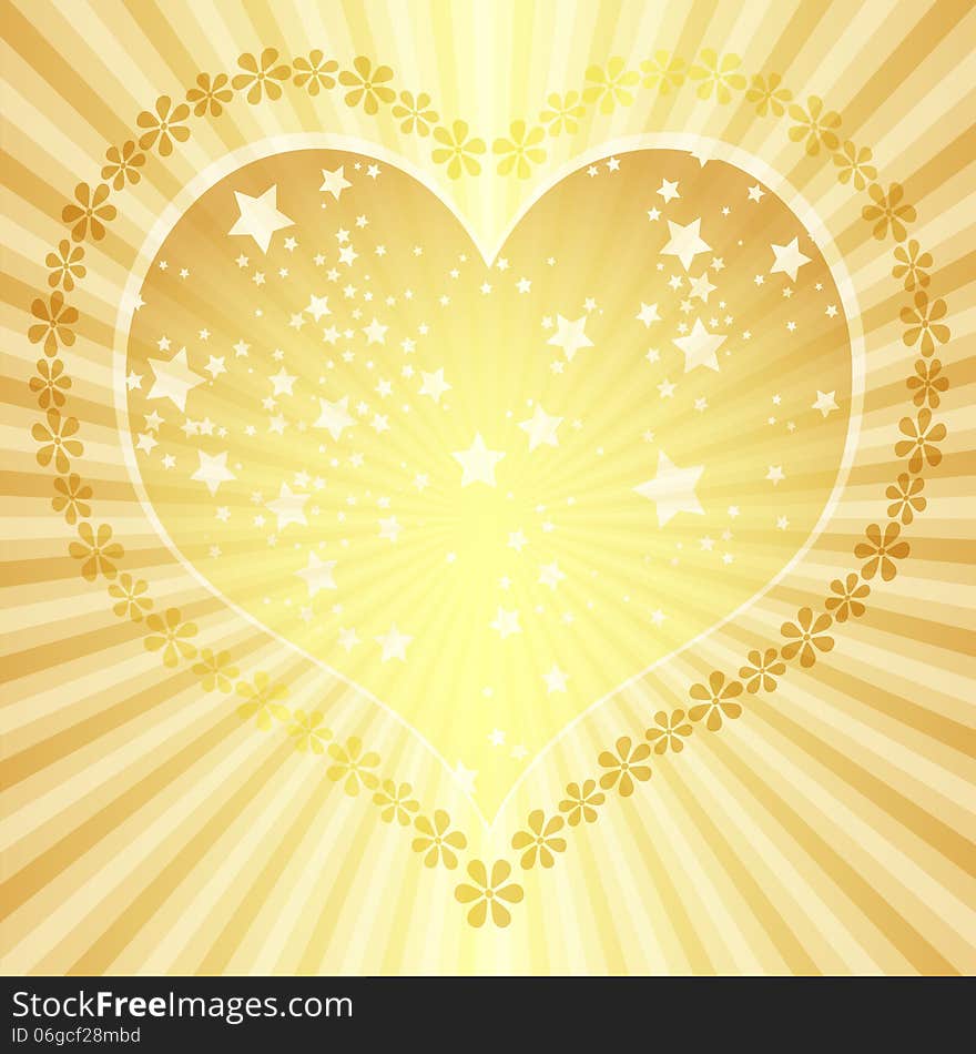 Golden valentine frame with big heart and rays (vector eps 10)