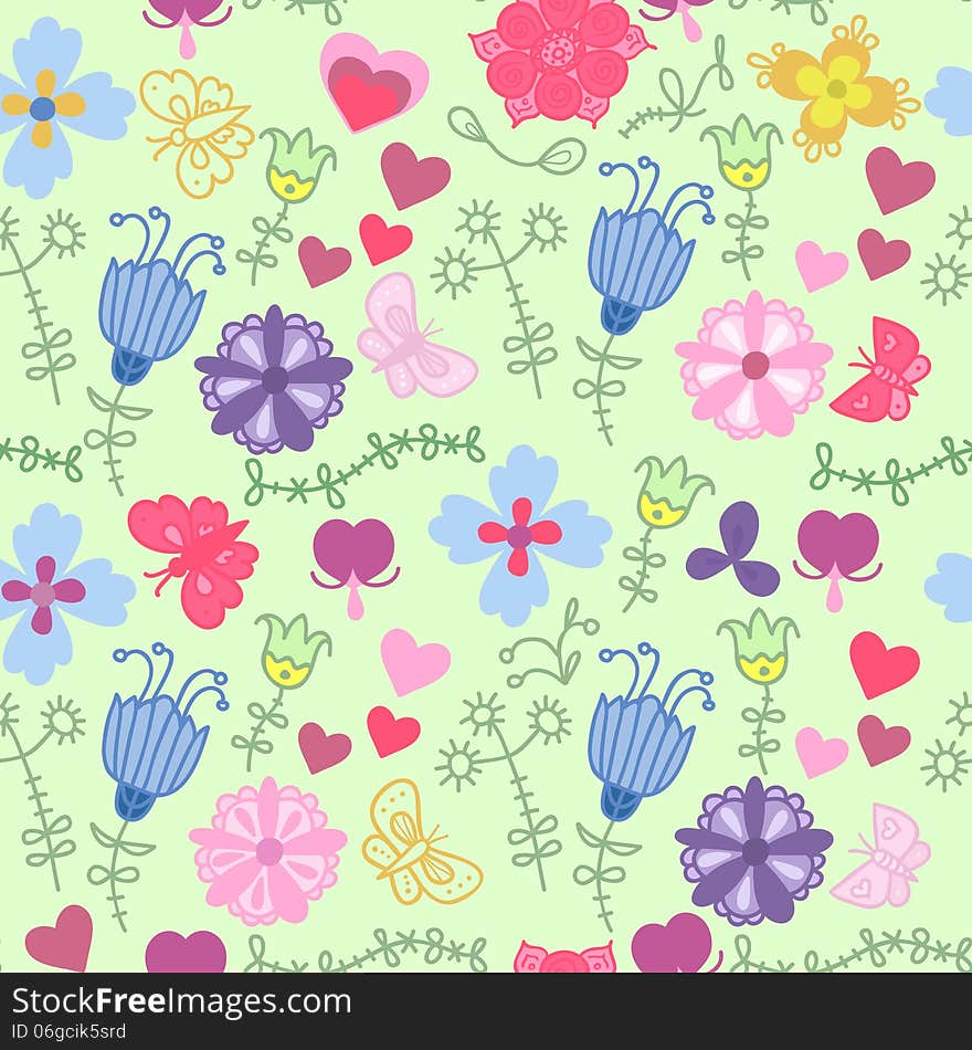 Cute floral seamless pattern with butterflies