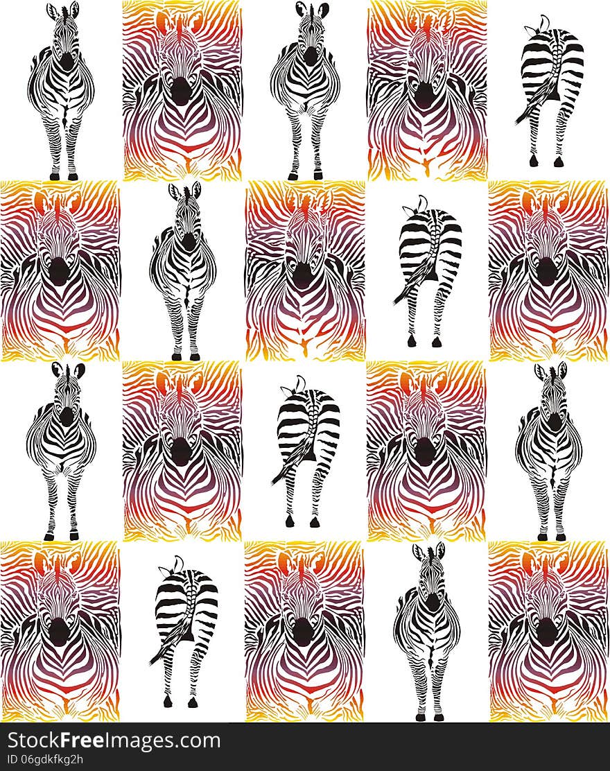 Illustration pattern background of zebras and zebra skins. Illustration pattern background of zebras and zebra skins