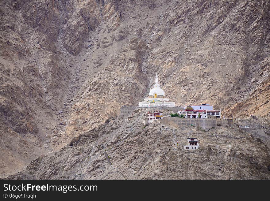 Shanti Stupa settle on rock mountain