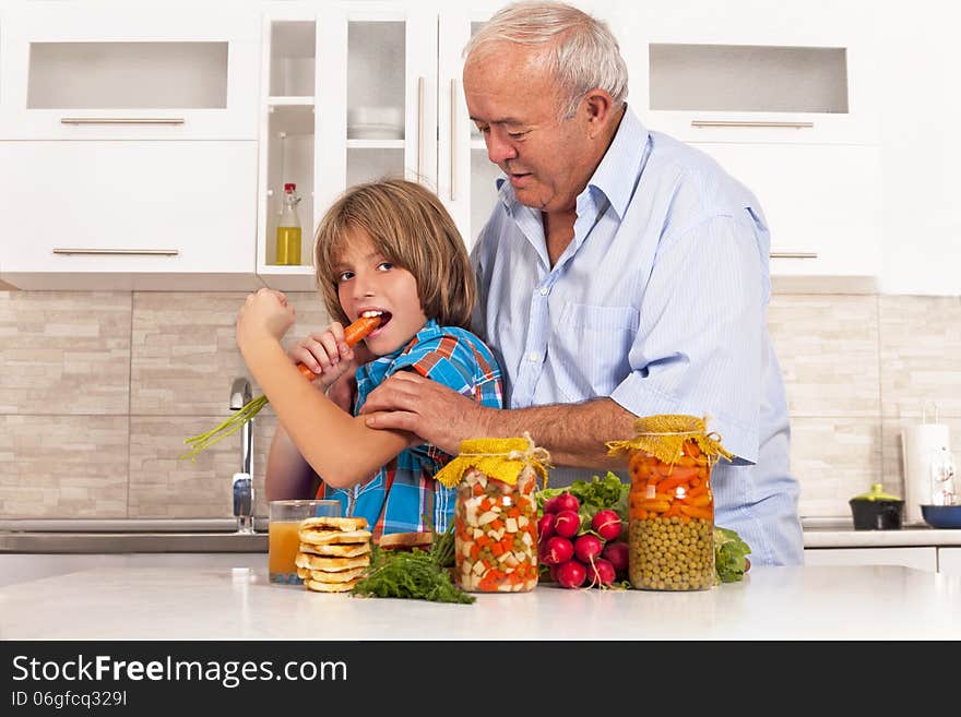 grandson and grandfather eat healthy foods