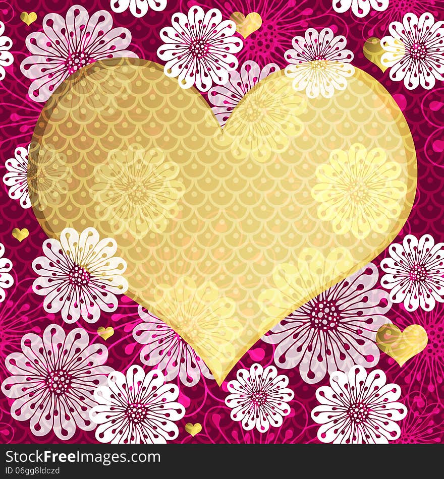 Valentine floral frame with big translucent gold heart and vintage pattern (vector eps 10)