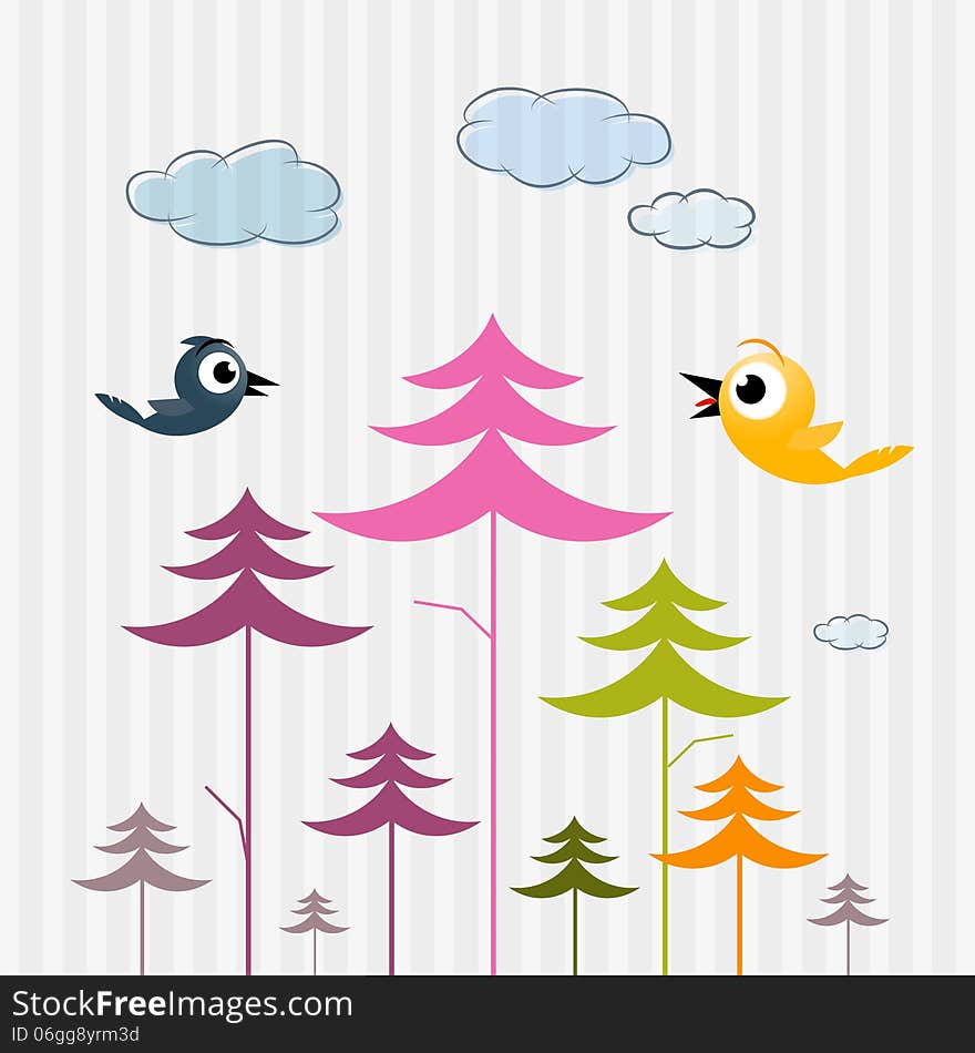 Retro Vector Paper Trees, Birds and Clouds on Cardboard Background