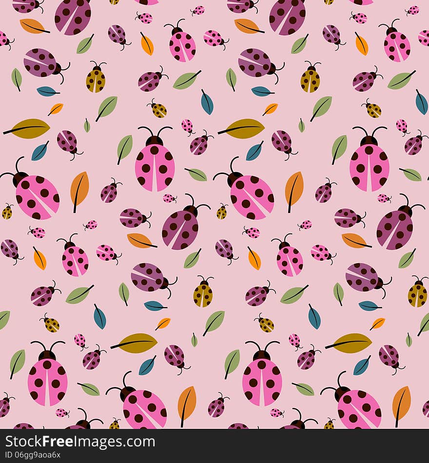 Abstract Retro Pink Background with Ladybirds and Leaves