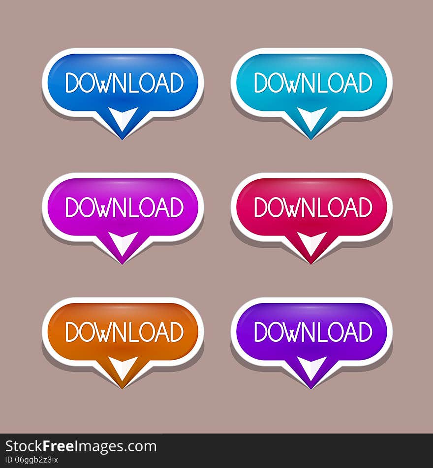 Vector Paper Download Buttons Set in Blue, Red Pink Colors