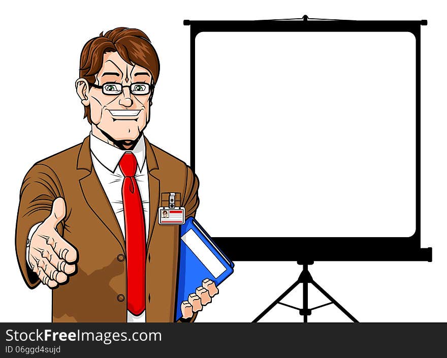 Illustration of businessman with extended arm to handshake. On the background there is a projector screen with space for your text. Isolated on white background. Available in vector EPS format. Illustration of businessman with extended arm to handshake. On the background there is a projector screen with space for your text. Isolated on white background. Available in vector EPS format.