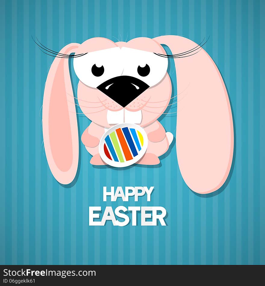 Easter Paper Background. Cute Pink Rabbit Holding Egg.