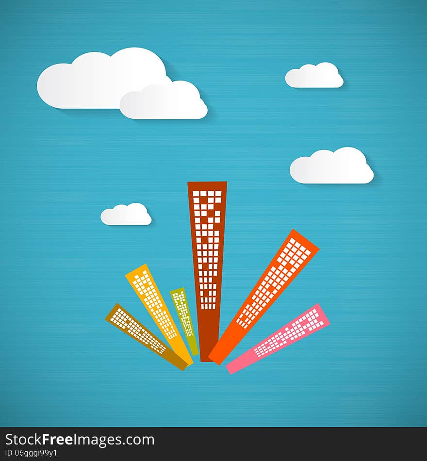 Abstract Blue Background with Clouds and Skyscrapers