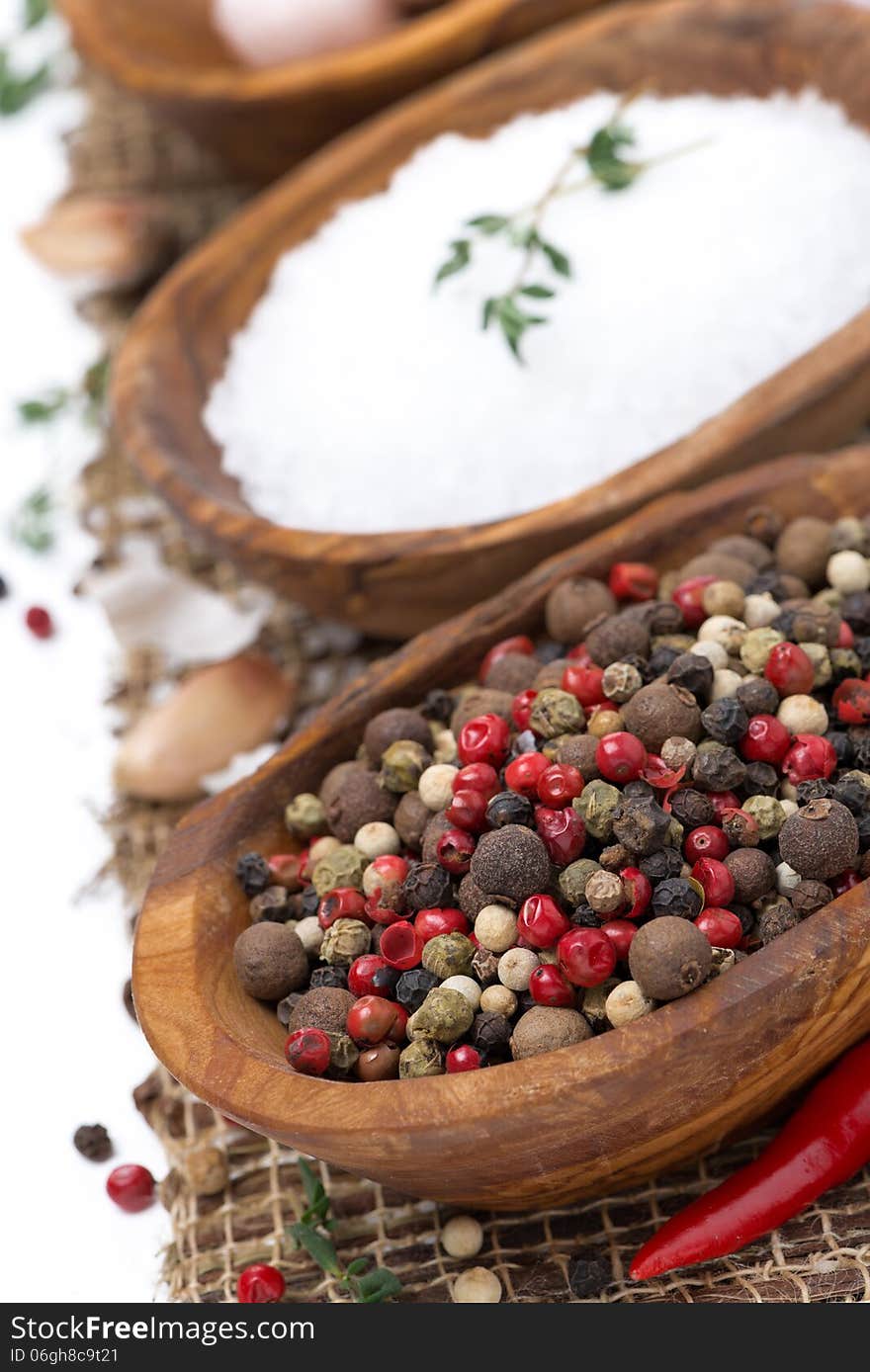 Hot pepper, sea salt and spices in bowls, close-up