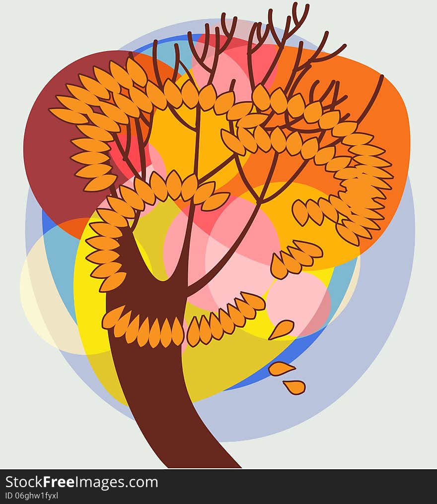 Stylized autumn tree on a bright abstract background