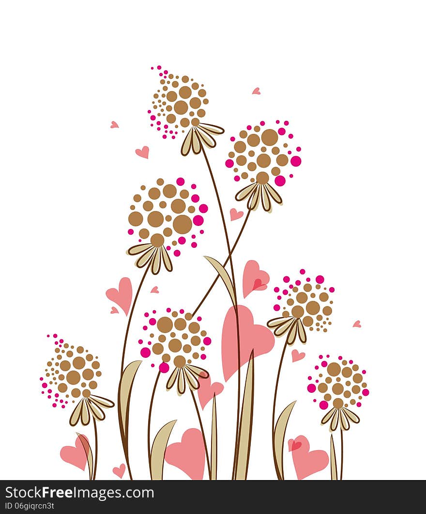 Meadow flowers with hearts on a white background