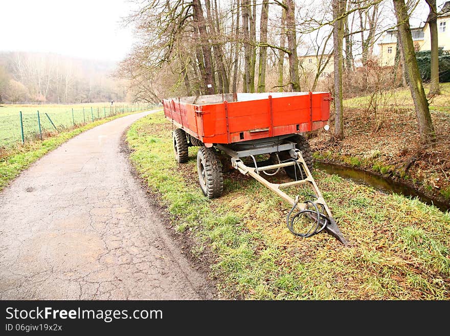 Red lorry trailer, empty trailer. Red lorry trailer, empty trailer