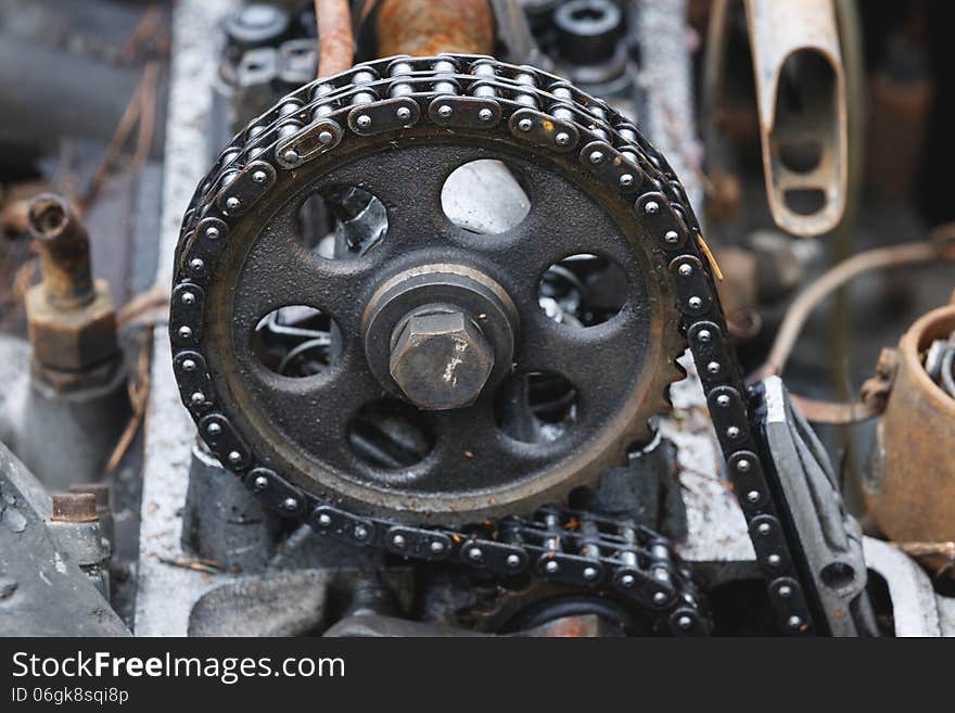 Engine of an old car,timing chain