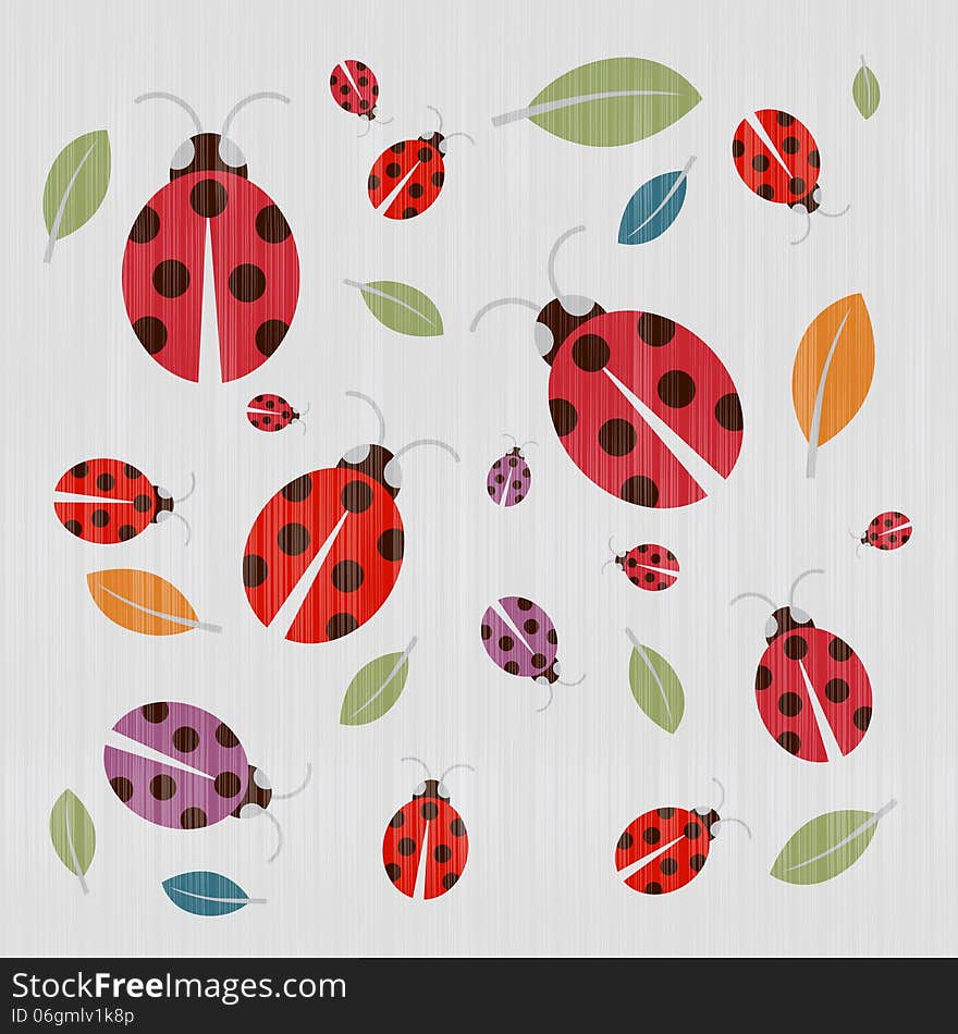 Textile Background With Ladybirds And Leaves