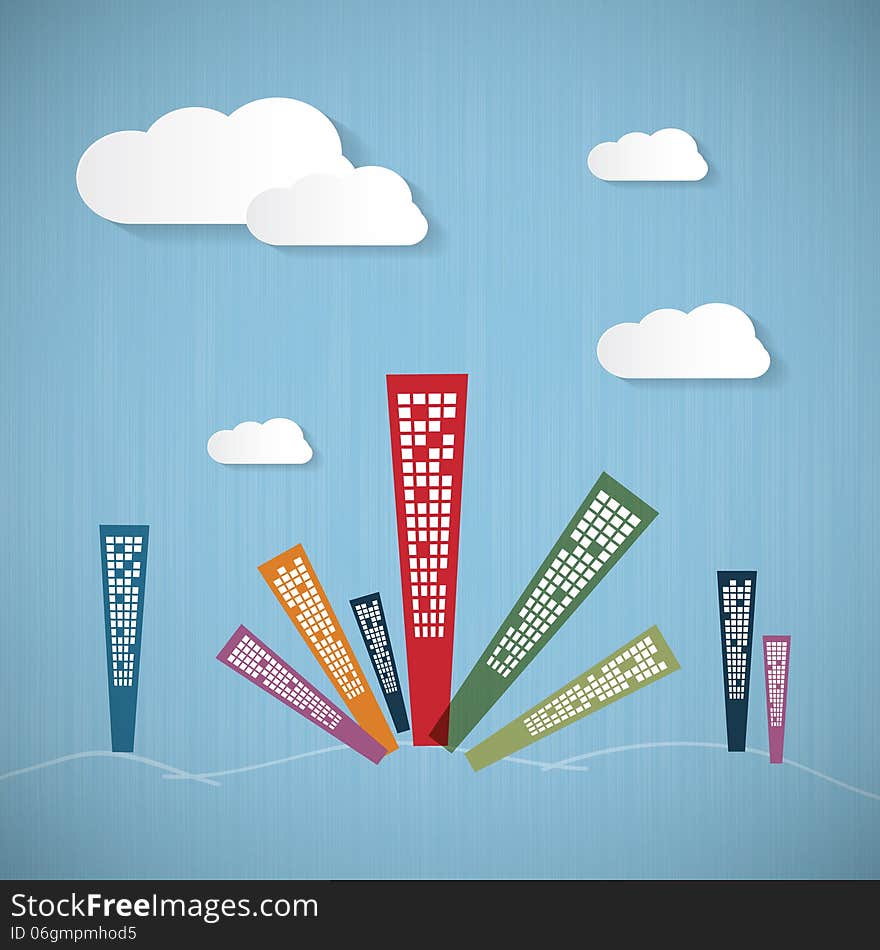 Abstract Blue Background with Clouds and Skyscrapers