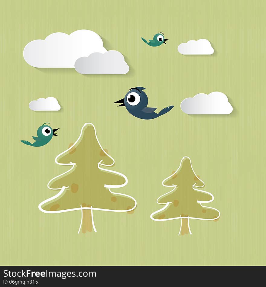 Nature Background with Clouds, Trees, Birds