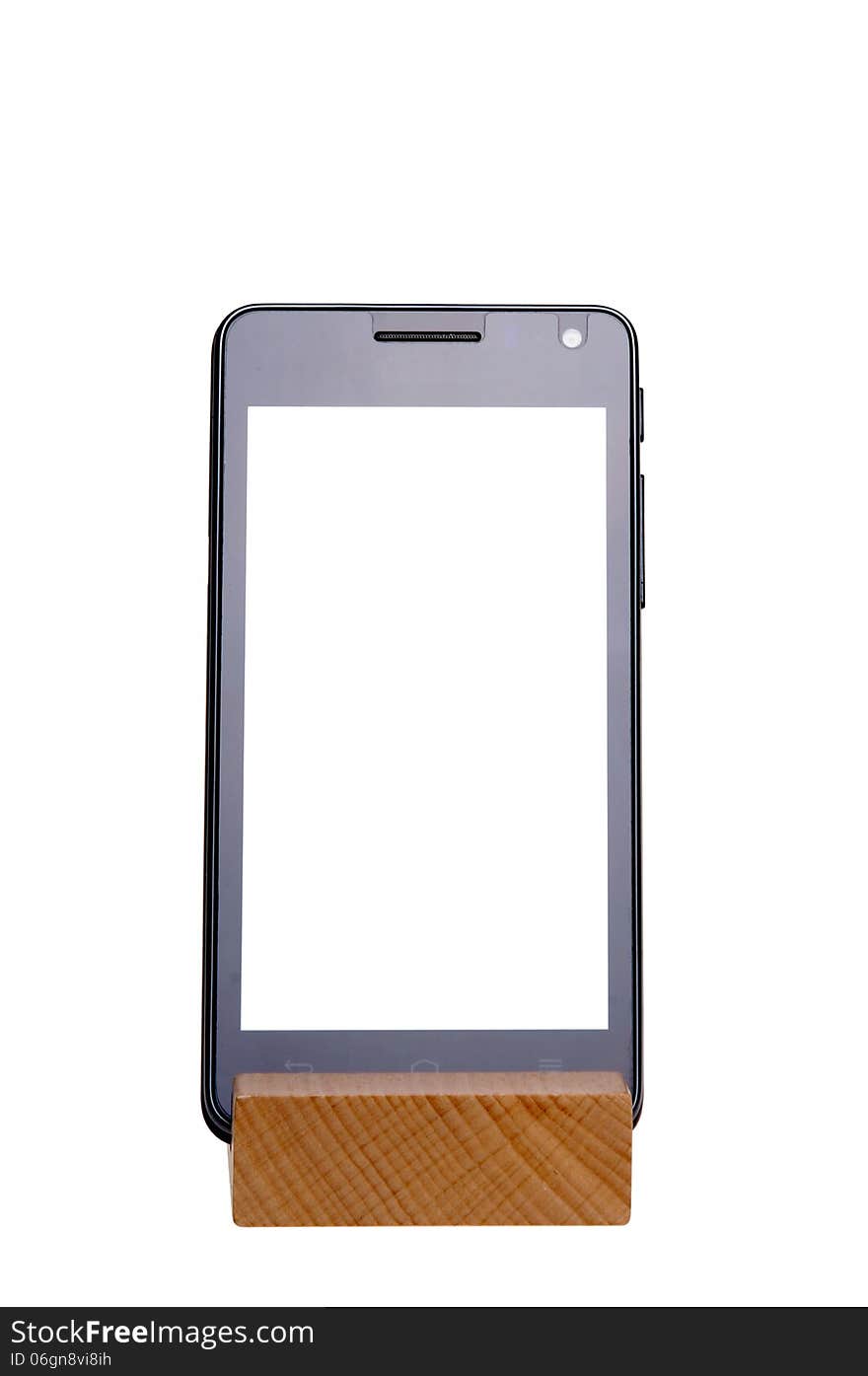 Mobile on wooden holder with blank interface.