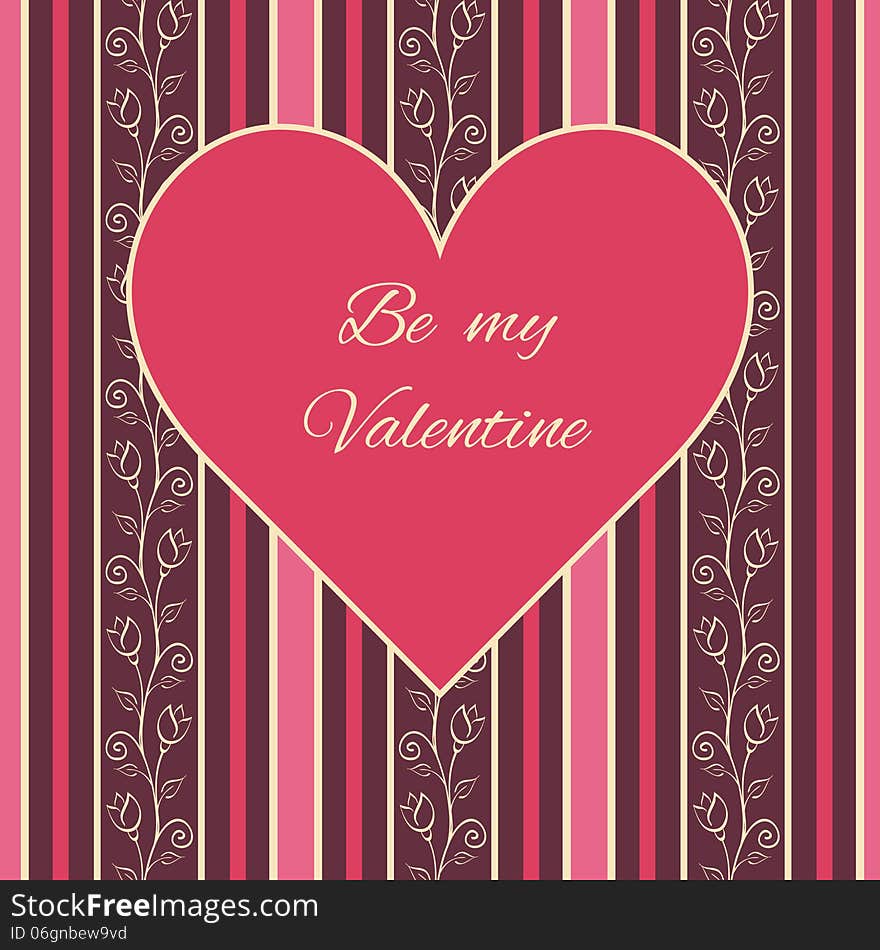 Bright pink purple Valentines day card with heart on romantic floral seamless pattern background. vector illustration.